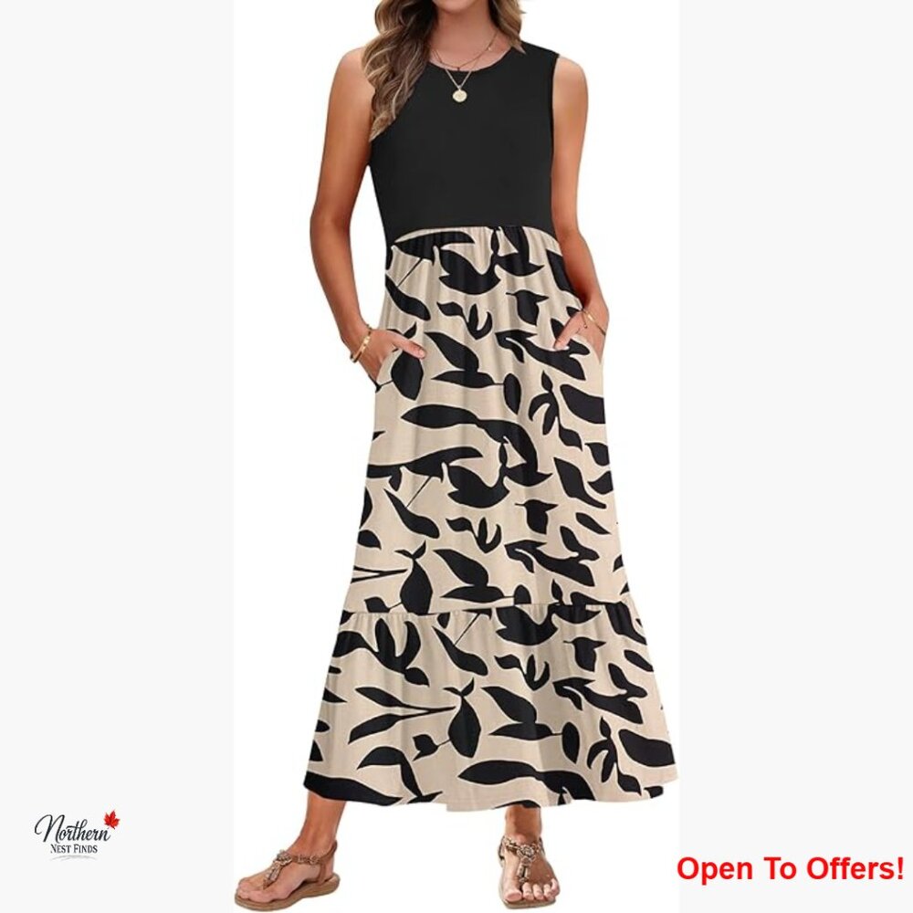 Sleeveless Crewneck Maxi Dress with Pockets, Empire Waist